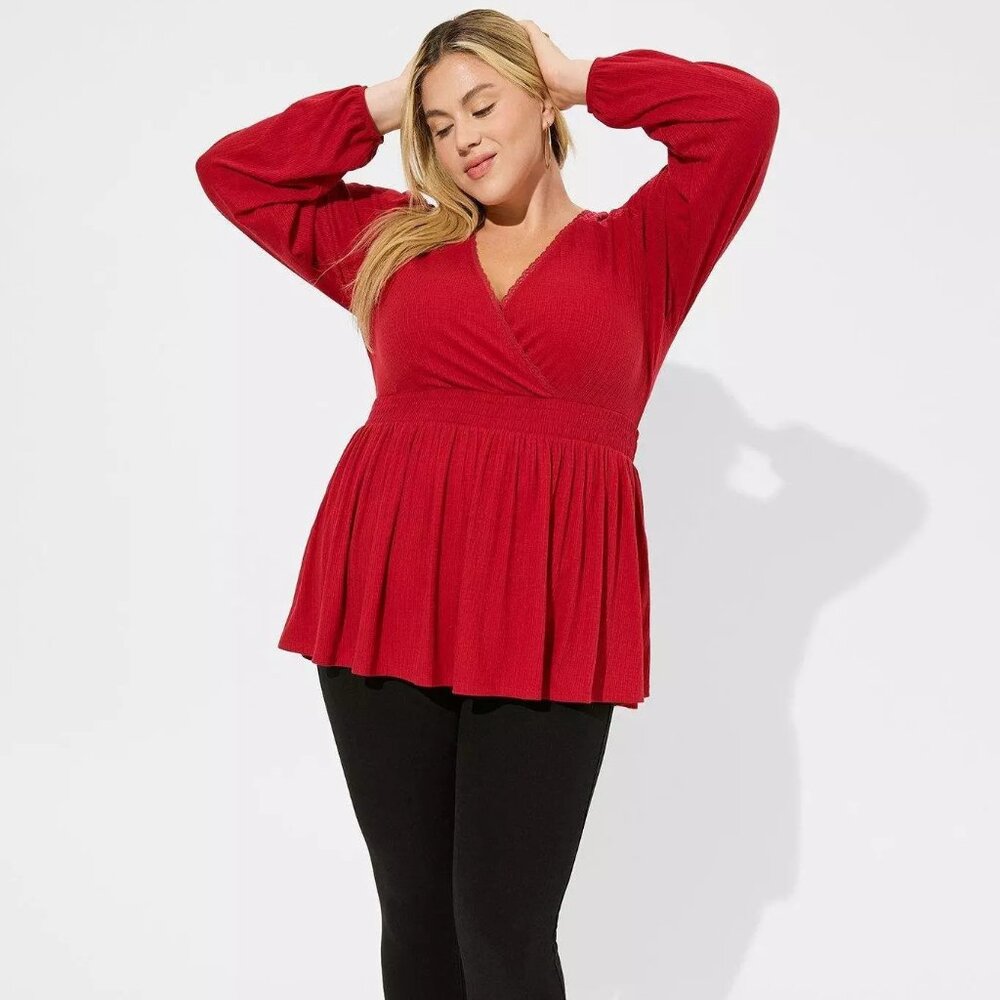 Torrid Texture Jersey V Neck Lace Yoke Surplice Long Sleeve Babydoll Red Size 1